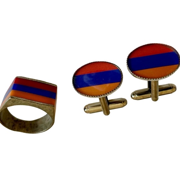 Vintage Armenian Flag Silver Tone Cuff Links And Ring Size 9